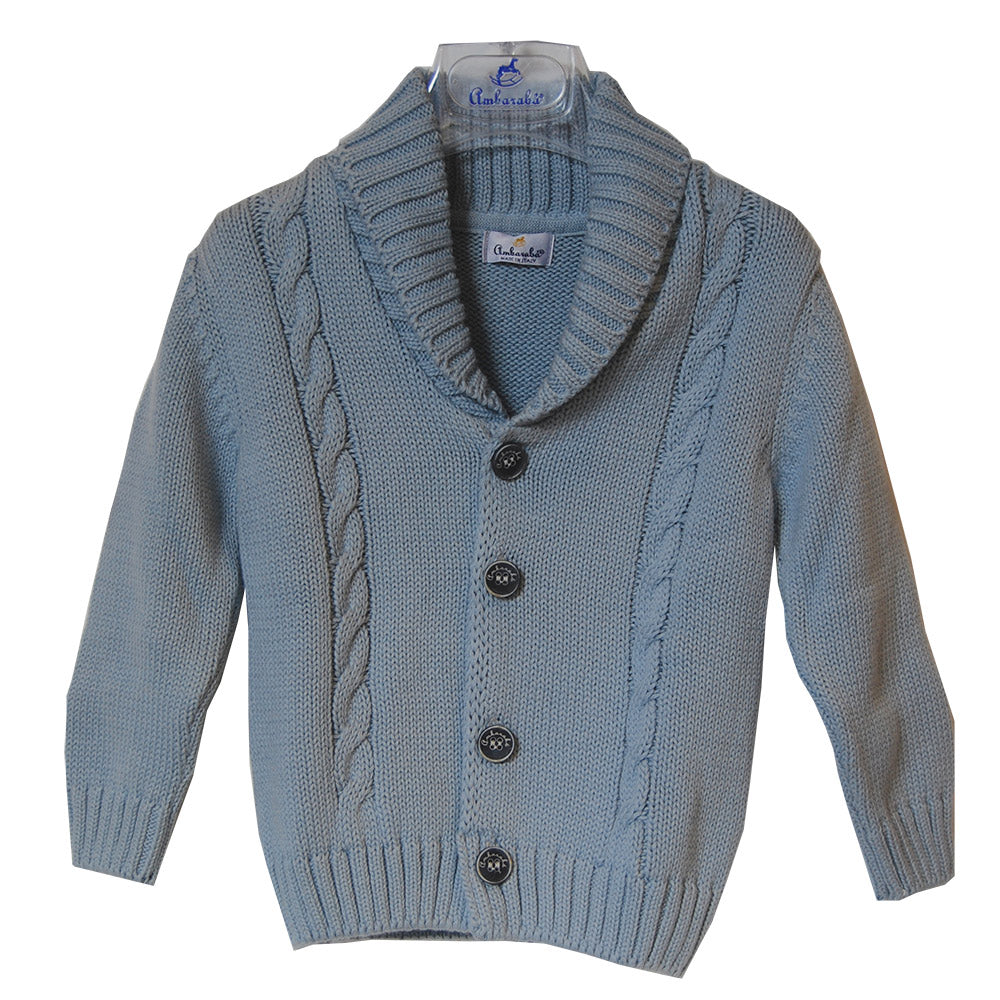 
  Solid color cardigan from the Ambarabà children's clothing line. Shawl collar.
  Elastic edges...