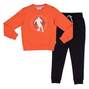 Two-piece suit from the Bikkembergs children's clothing line, in brushed fleece, with orange blou...