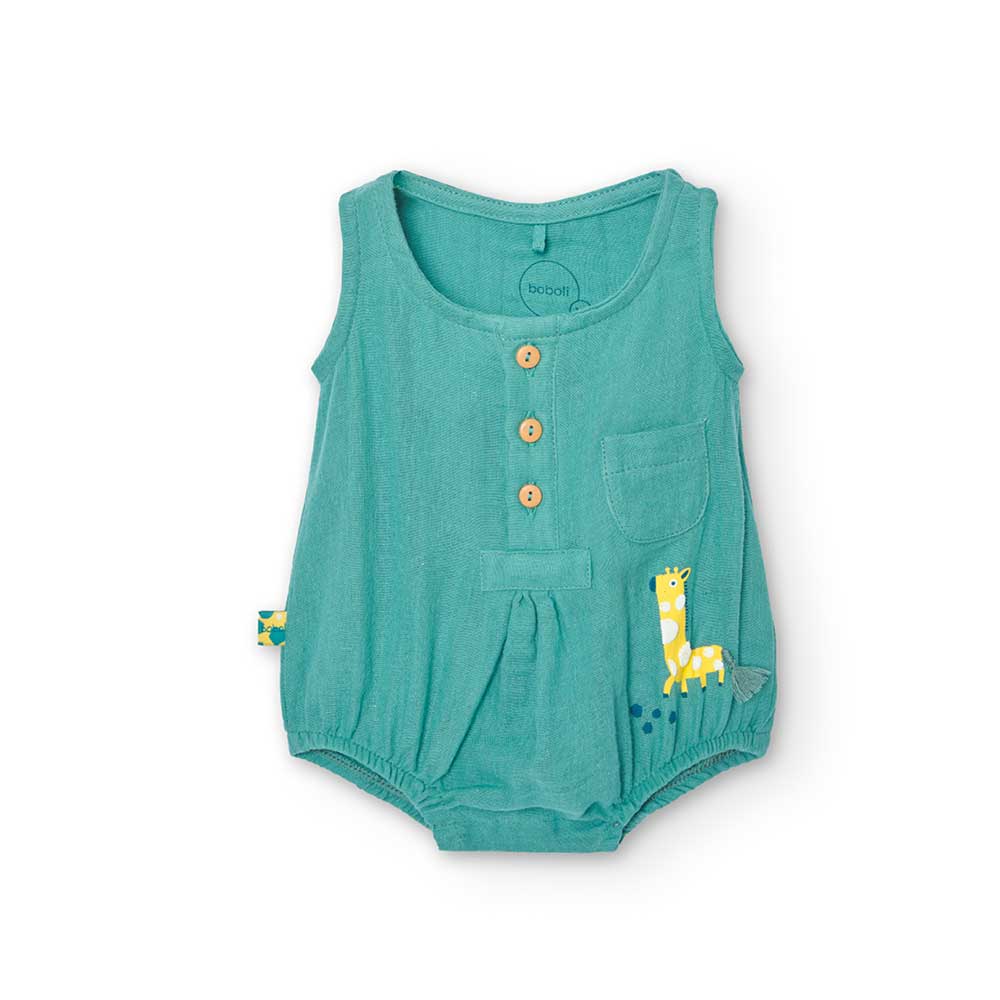 
Linen blend romper from the Boboli Girls' Clothing Line, with wooden buttons on the front and sm...