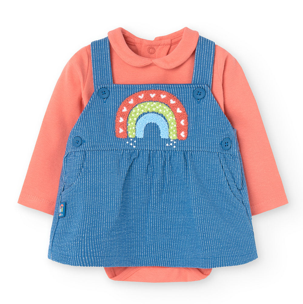 
Two-piece outfit from Boboli Girls' Clothing Line, featuring striped skirt dungarees with embroi...