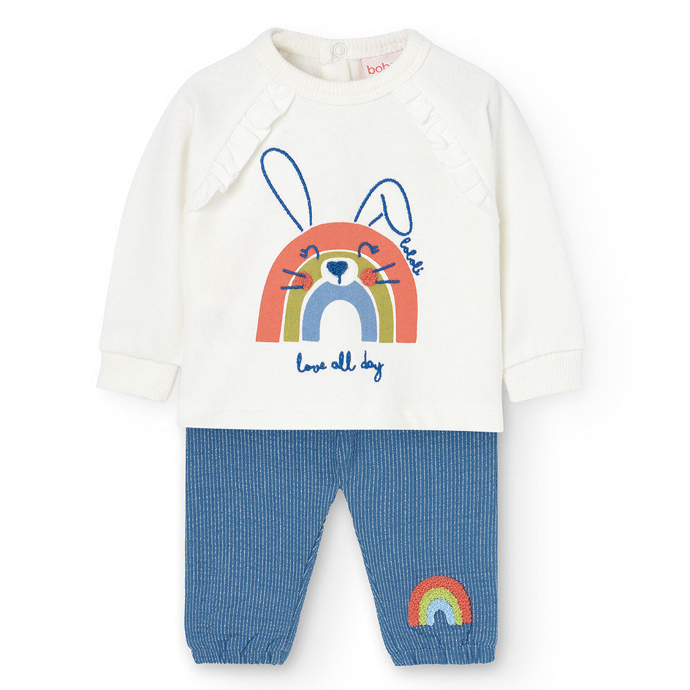 Two-piece outfit from the Boboli Girls' Clothing Line, featuring striped shorts and plain sweatsh...