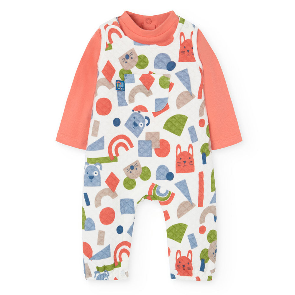 Boboli Children's Clothing Line dungarees, quilted with multicolor pattern and matching plain T-s...