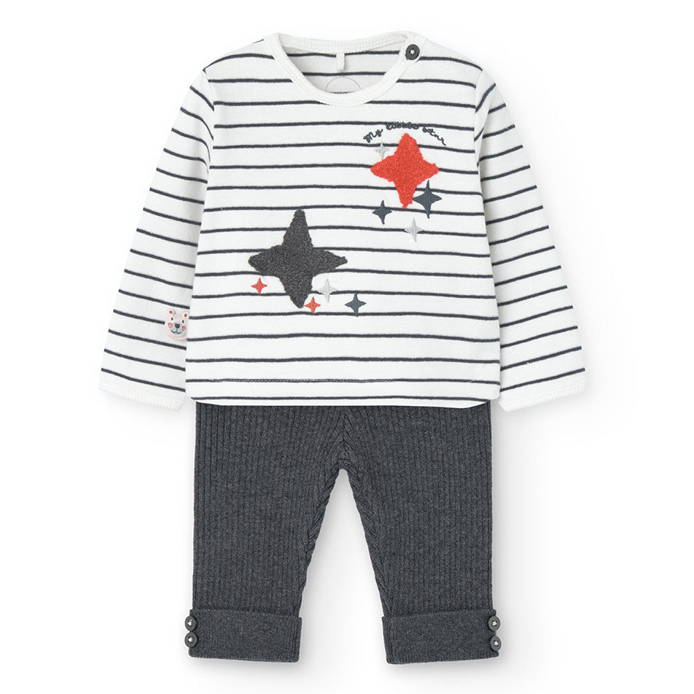 Two-piece outfit from Boboli's Girl's Clothing Line, with lightweight striped sweatshirt and plai...