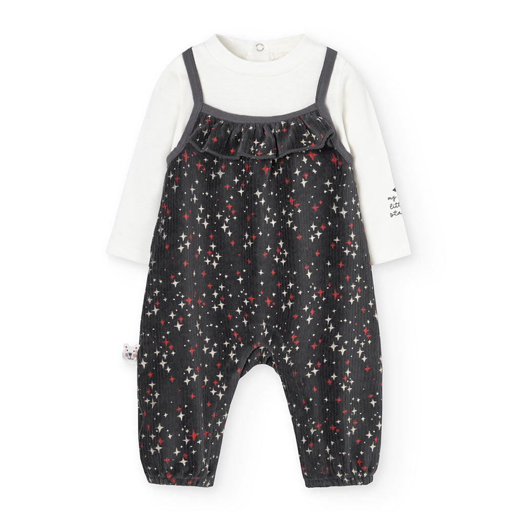 Dungarees from the Boboli Girl's Clothing Line, featuring a striped velvet romper with star patte...