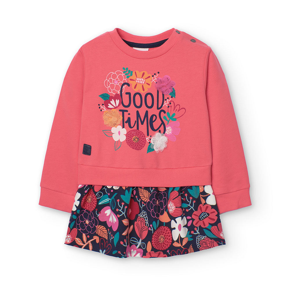 
Plush dress from Boboli Girl's Clothing Line, with wide floral patterned skirt and plain top wit...