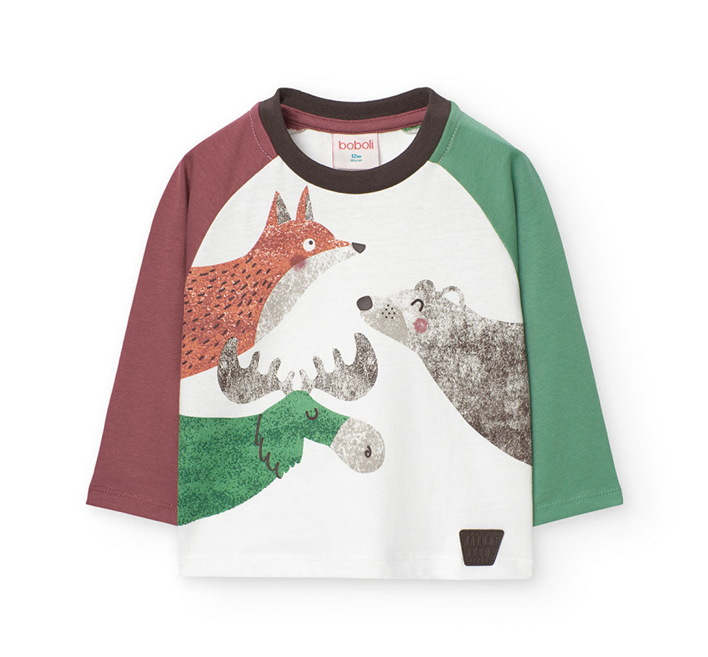 Long-sleeve T-shirt from Boboli Children's Clothing Line, with print on front and contrasting col...