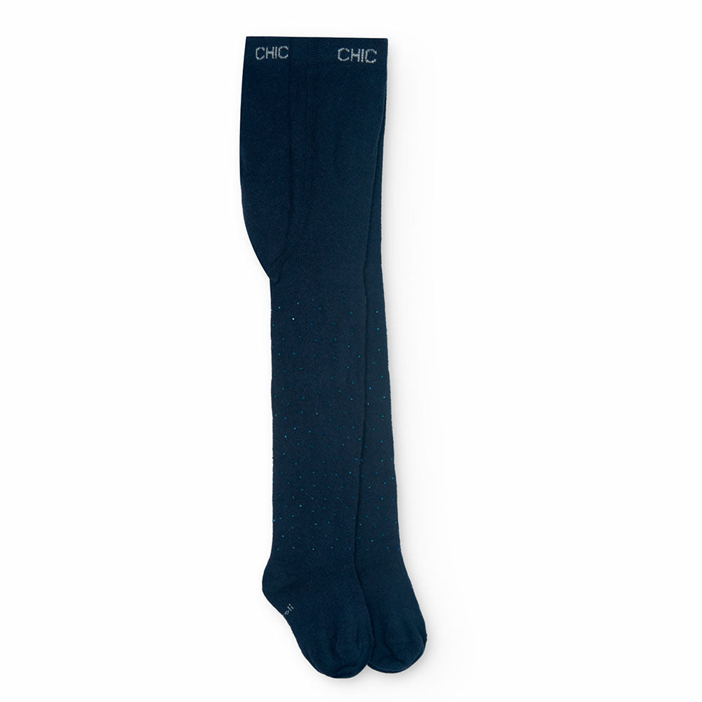 Tights from the Boboli Girls' Clothing Line, with tone-on-tone rhinestones on a blue background.
...