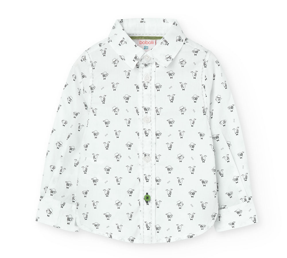 Long-sleeve shirt from Boboli Children's Clothing Line, with pattern of small dogs on a white bac...