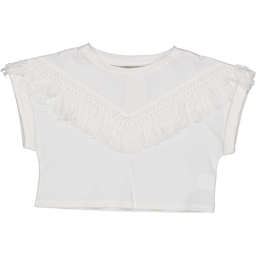 Top from the Trybeyond Girls' Clothing Line, with short model and fringes applied on the front.
C...