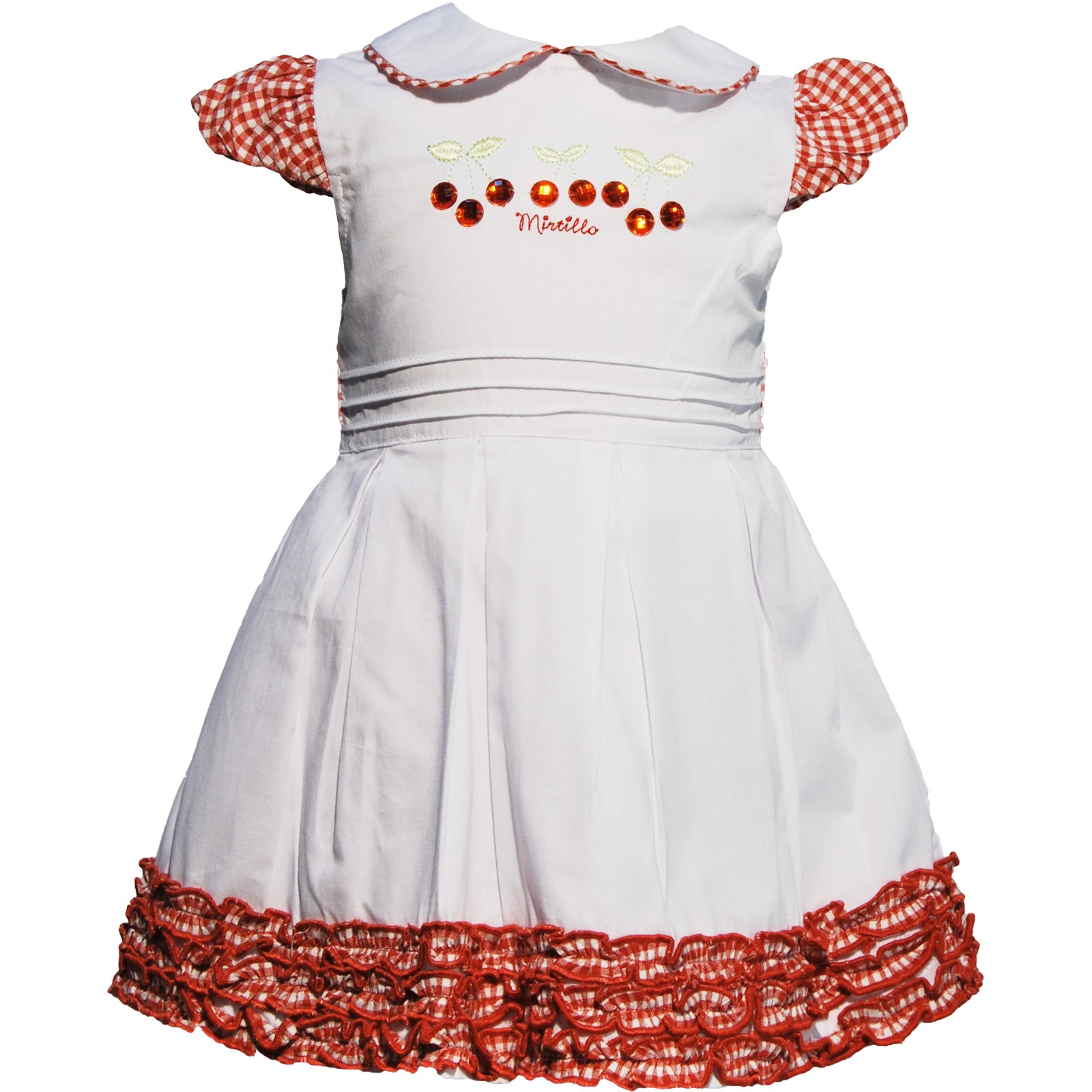 Poplin dress from the Mirtillo girl's clothing line with organza underskirt, mannequins and vichy...