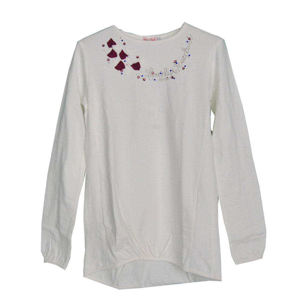 
  Asymmetrical T-shirt from the Mirtillo girl's clothing line. Solid color. Sullo
  neckline app...