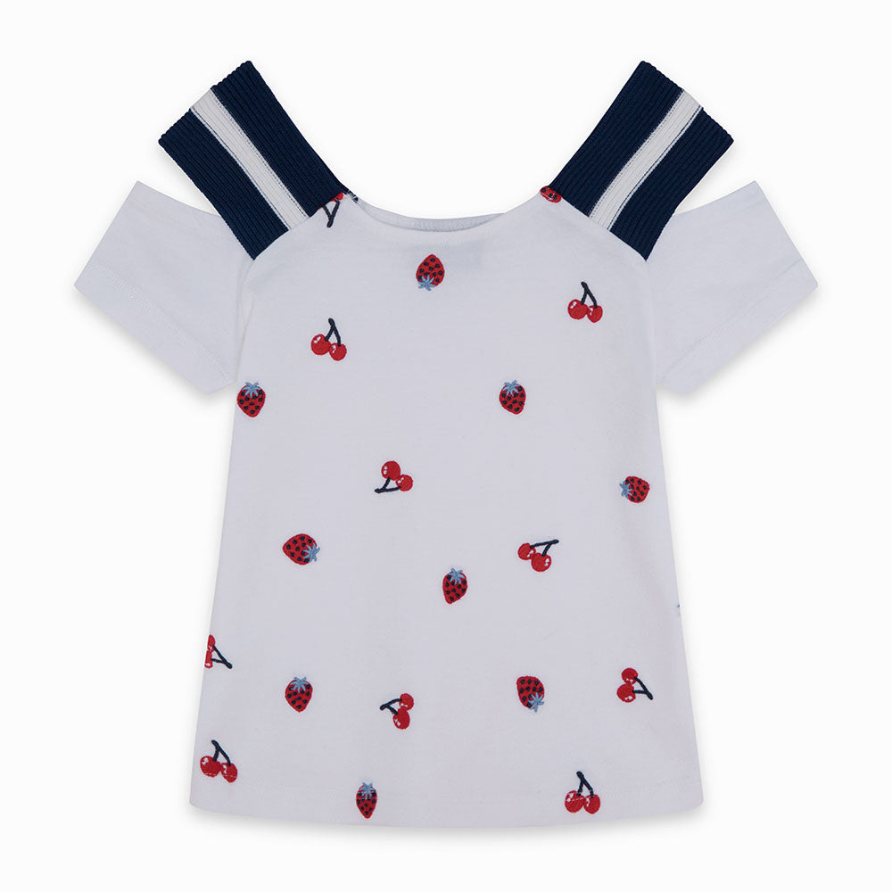 
  T-shirt from the Tuc Tuc Girl's Clothing Line with all-over fruit pattern
  and dropped should...