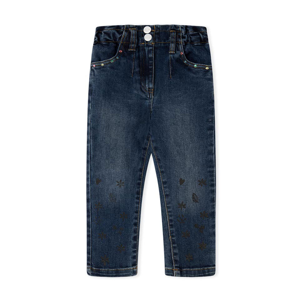 
Denim trousers from the Tuc Tuc Girl's Clothing Line, with elastic waistband and small rhineston...