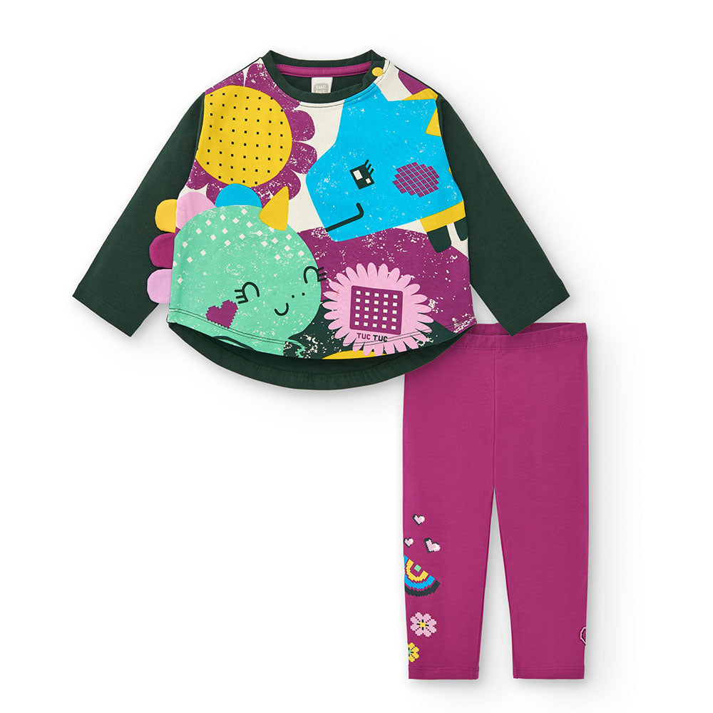 Two-piece set from the Tuc Tuc Girls' Clothing Line with colored print on the front and solid col...